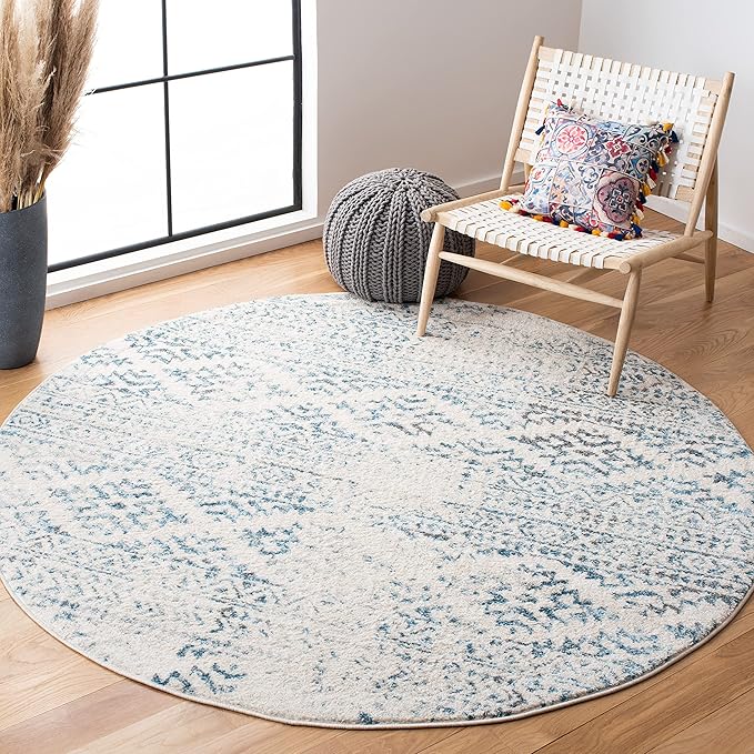 SAFAVIEH Tulum Collection Area Rug - 8' Round, Ivory & Turquoise, Moroccan Boho Tribal Design, Non-Shedding & Easy to Clean, Ideal for Living Room, Bedroom, Dining Space (TUL272E)