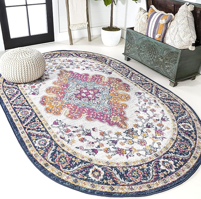 JONATHAN Y Boho Vintage Blue/Multi 6x9 Oval Area Rug, Bohemian Flair Medallion, Floral Easy-Cleaning High Traffic for Living Room, Bedroom, Kitchen, Pet-Friendly, Non Shedding (BMF106A-6OV)