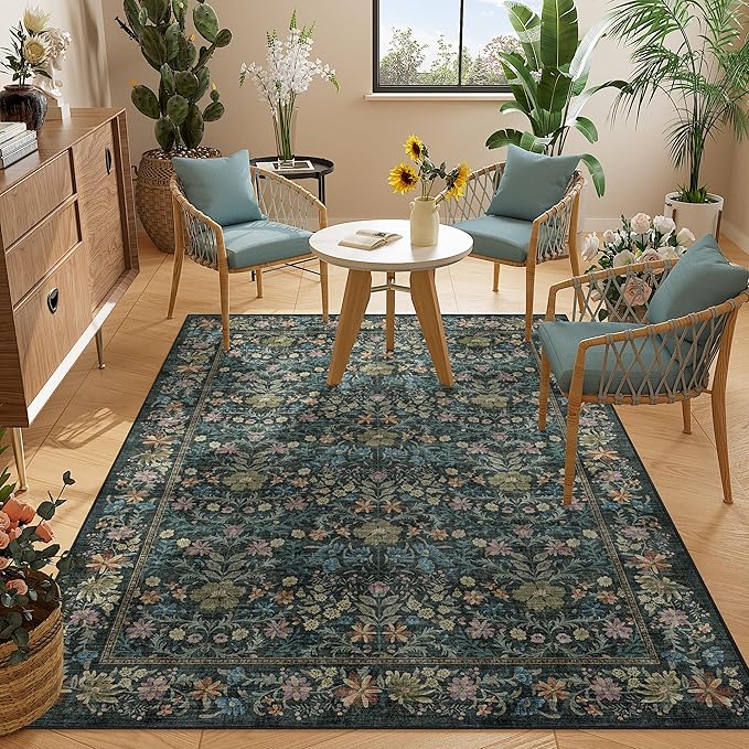 DUKINO 4x6 Rugs for Living Room, Lightweight Non Slip Washable Rug with Low Pile Design, Vintage Floral Non-Shedding Soft Carpet for Living Room, Bedroom, Farmhouse, Office, Bathroom, Blue