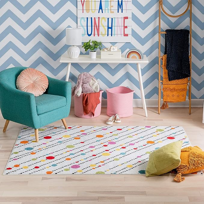 Well Woven Modern Rug Dandy Dots Stripes Ivory 3'3'' x 5' Accent Area Rug Entryway Bright Kids Room Kitchn Bedroom Carpet Bathroom Soft Durable Area Rug
