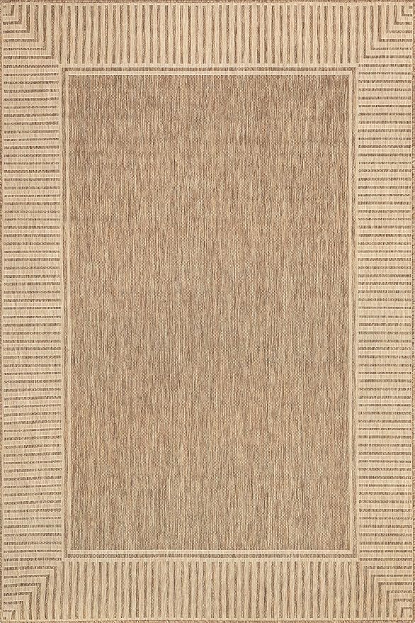 Nuloom Asha Light Brown/Ivory, 8' Square, Casual, Striped Border, Soft and Cozy, High Traffic, Stain Resistant, Easy Clean, Durable Area Rug for Indoor/Outdoor Patio, Deck, Porch, Garden, Courtyard