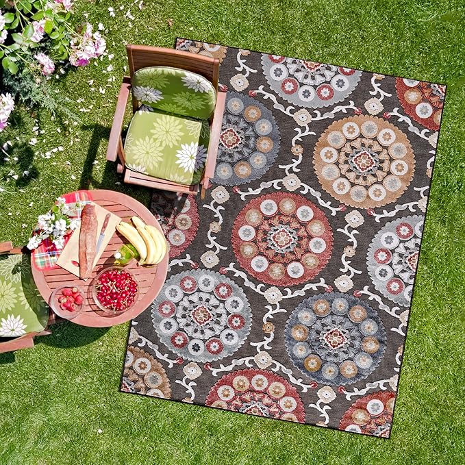 CAMILSON Indoor Outdoor Rug 10x14 Bohemian Medallion Floral Area Rugs for Indoor and Outdoor Patios Easy-Cleaning Non-Shedding Living Room Garden and Kitchen Washable Outside Carpet (10 x 14 / Brown)