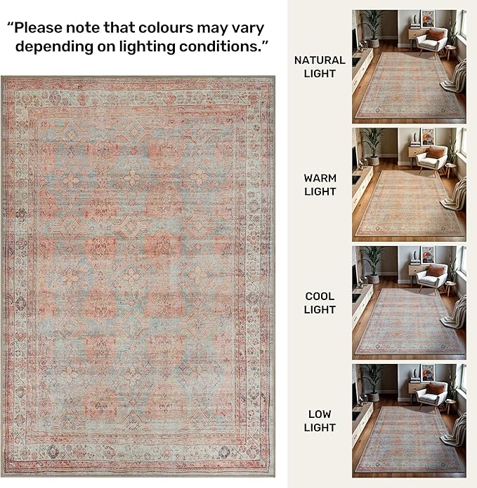 GLN Rugs Traditional Collection - Machine Washable Area Rug, Traditional Washable, Non Slip, Low Pile Chenille Rug, Living Room, Bedroom, Kitchen Rug (4' x 6' Terra/Multicolor 1153)