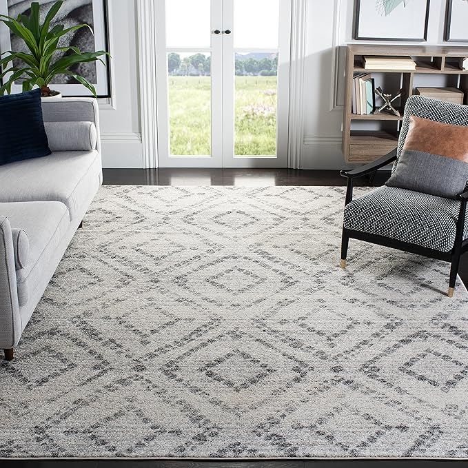 SAFAVIEH Adirondack Collection Area Rug - 8' Square, Light Grey & Grey, Modern Diamond Distressed Design, Non-Shedding & Easy Care, Ideal for High Traffic Areas in Living Room, Bedroom (ADR131C)