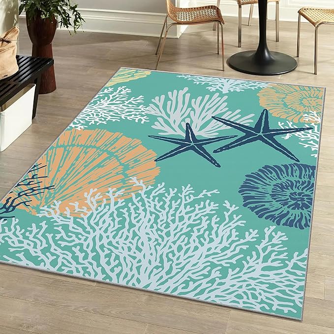 Tritard Coastal Area Rug 3x5 - Small Machine Washable Foldable Throw Rugs Non-Slip Beach Ocean Entryway Indoor Entrance Carpet for Kitchen Bathroom Laundry Bedroom Living Room, Teal and Turquoise