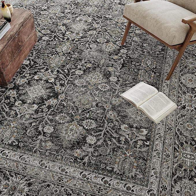 Vintage Area Rug 10x14 Black Washable Living Room Large Carpet Non Slip Bedroom Indoor Office Low Pile Traditional Distressed Retro Accent Rug for Dining Room