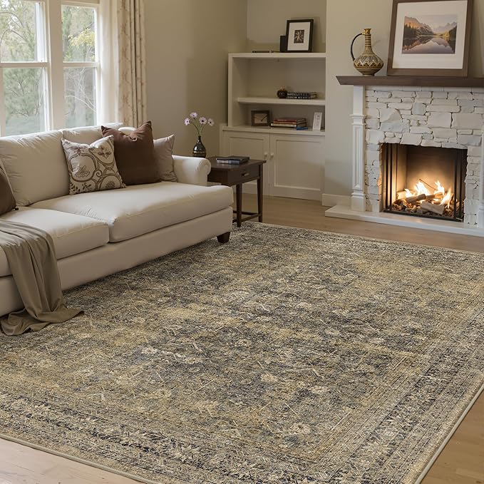 6x9 Brown Black Area Rug for Living Room Washable Vintage Distressed Carpet Large Bedroom Low Pile Non Slip Indoor Soft Retro Throw Accent Rug Office Kitchen Bathroom Dining Room