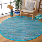 SAFAVIEH Rag Rug Collection Area Rug - 6' Round, Blue & Multi, Handmade Boho Stripe Cotton, Ideal for High Traffic Areas in Living Room, Bedroom (RAR121B)