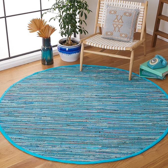 SAFAVIEH Rag Rug, Collection Area Rug - 3' Round, Blue & Multi, Handmade Boho Stripe Cotton, Ideal for High Traffic Areas in Living Room, Bedroom (RAR121B)