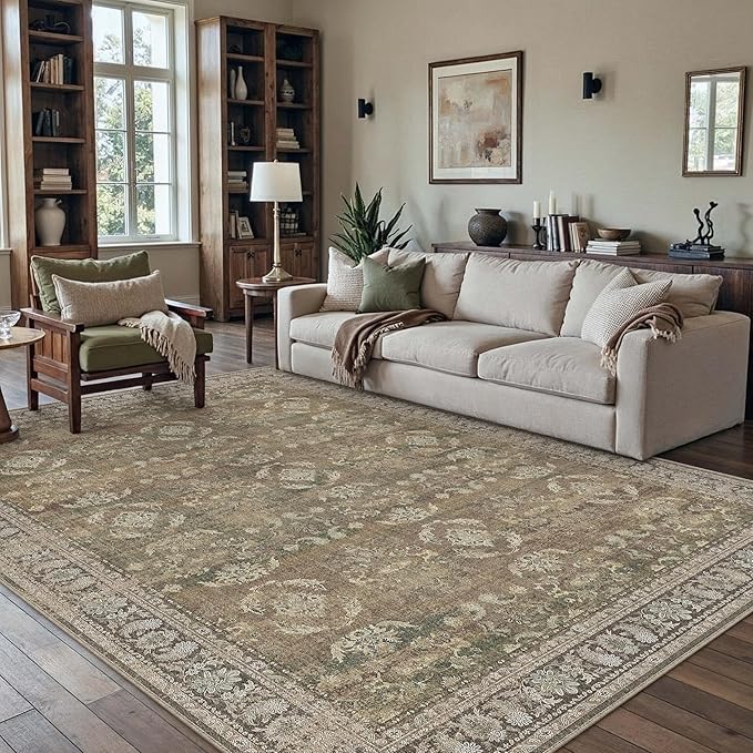 8x10 Brown Area Rug for Living Room Washable Vintage Distressed Carpet Large Bedroom Low Pile Non Slip Indoor Soft Retro Throw Accent Rug Office Kitchen Bathroom Dining Room