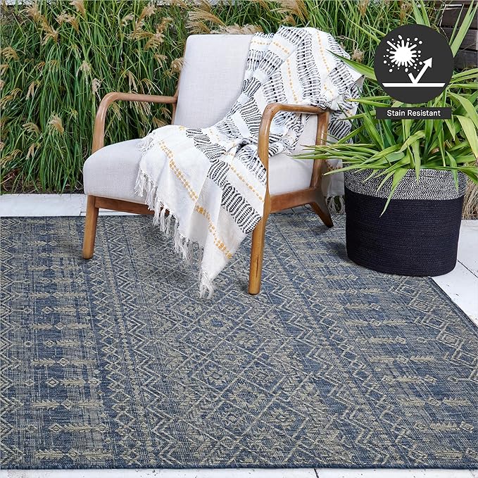 FH Home Flat Woven Outdoor Rug - Waterproof, Easy to Clean, Stain Resistant - Premium Polypropylene Yarn - Boho Moroccan - Patio, Porch, Deck, Balcony - Dakar - Blue - 5ft 2in x 7ft 6in