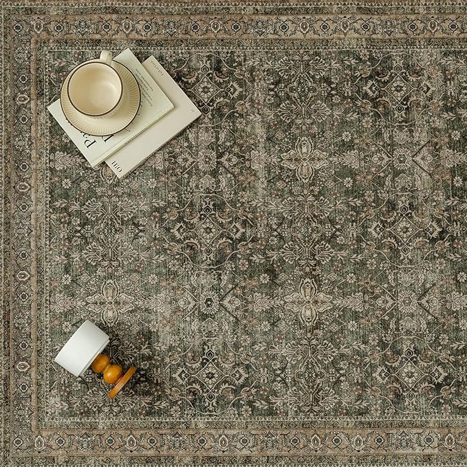 Entryway Area Rug 4x6 Green Brown Vintage Washable Office Carpet Traditional Distressed Indoor Entry Soft Non Slip Small Door Mat Retro Low Pile Thin Rug for Kitchen Laundry Bedroom