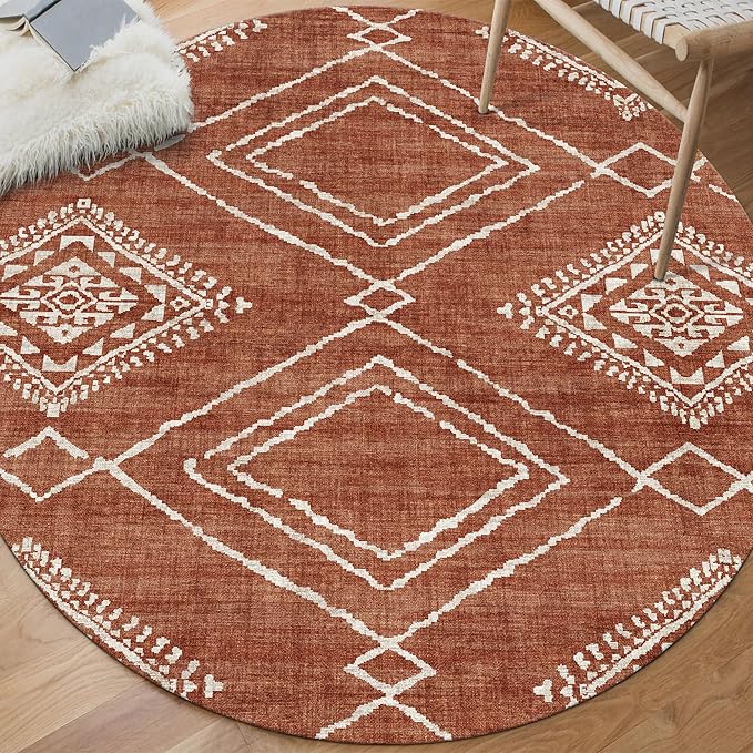 ReaLife Rugs Machine Washable Area Rug - Living Room Bedroom Bathroom Kitchen Entryway Office - Non Slip Low Pile Stain Resistant Premium - Moroccan Diamond Tribal - Jax - Orange 4' Round
