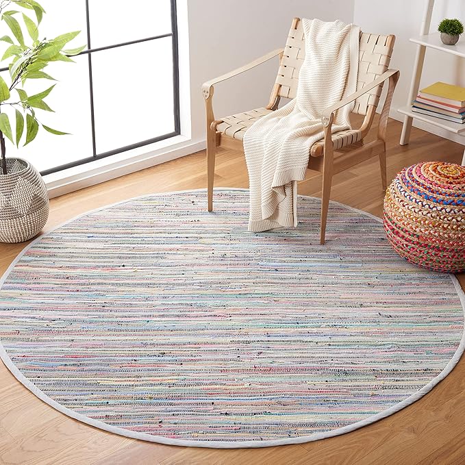 SAFAVIEH Rag Rug Collection 8' Round Grey/Multi RAR121M Handmade Boho Stripe Cotton Area Rug