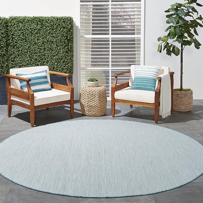Nourison Home Courtyard Ivory Aqua 8' x Round Area Rug - Easy Clean, Non Shedding, Bed Room, Living Room, Dining Room, Kitchen (8' x Round)