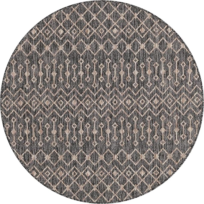 Unique Loom Outdoor Trellis Collection Area Rug - Tribal Trellis (5' 3" Round, Charcoal Gray/ Natural)