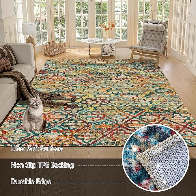 RUGSURE Washable Area Rugs, 3' x 5 ' - 1/6 Thick - Stain & Water Resistant Non-Slip - Perfect Resistant Rug for Living Room, Bedroom, Nursery, Pet & Child Friendly, Vibrant Colors Rugs, Multicolor