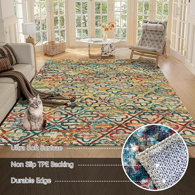 RUGSURE Washable Area Rugs, 4' x 6' - 1/6 Thick - Stain & Water Resistant Non-Slip - Perfect Resistant Rug for Living Room, Bedroom, Nursery, Pet & Child Friendly, Vibrant Colors Rugs, Multicolor