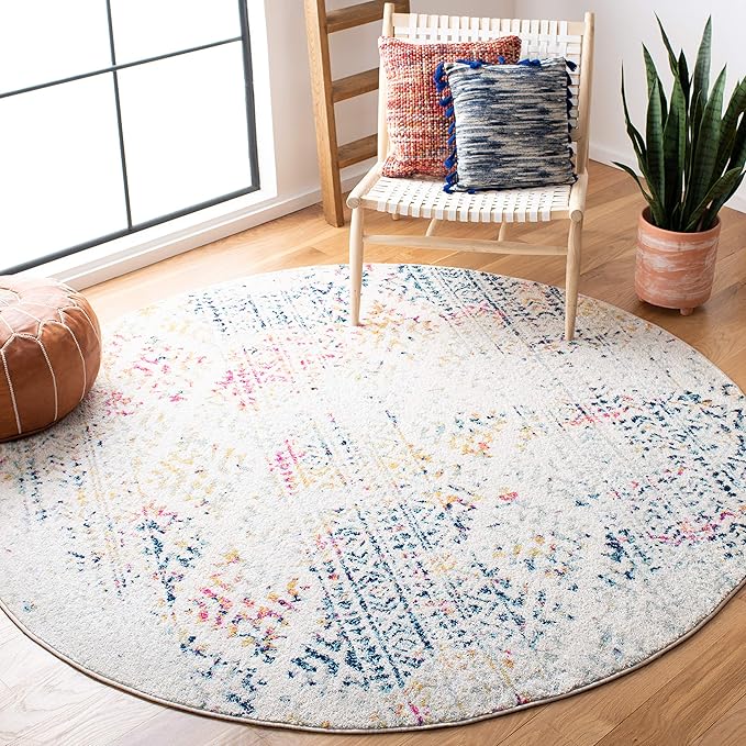 SAFAVIEH Tulum Collection Area Rug - 10' Round, Ivory & Blue, Moroccan Boho Tribal Design, Non-Shedding & Easy to Clean, Ideal for Living Room, Bedroom, Dining Space (TUL272C)