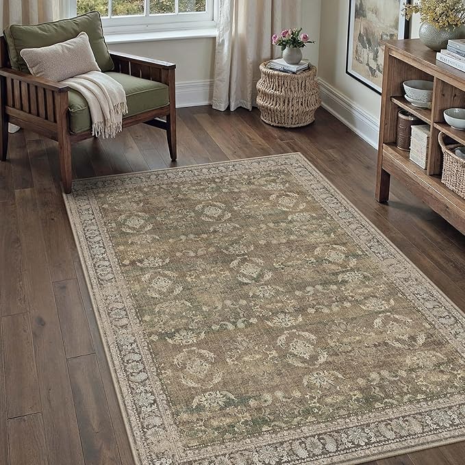 4x6 Brown Area Rug Washable Vintage Distressed Office Carpet Low Pile Entryway Non Slip Indoor Soft Retro Entrance Throw Accent Rug for Kitchen Bathroom Bedroom Dining Living Room