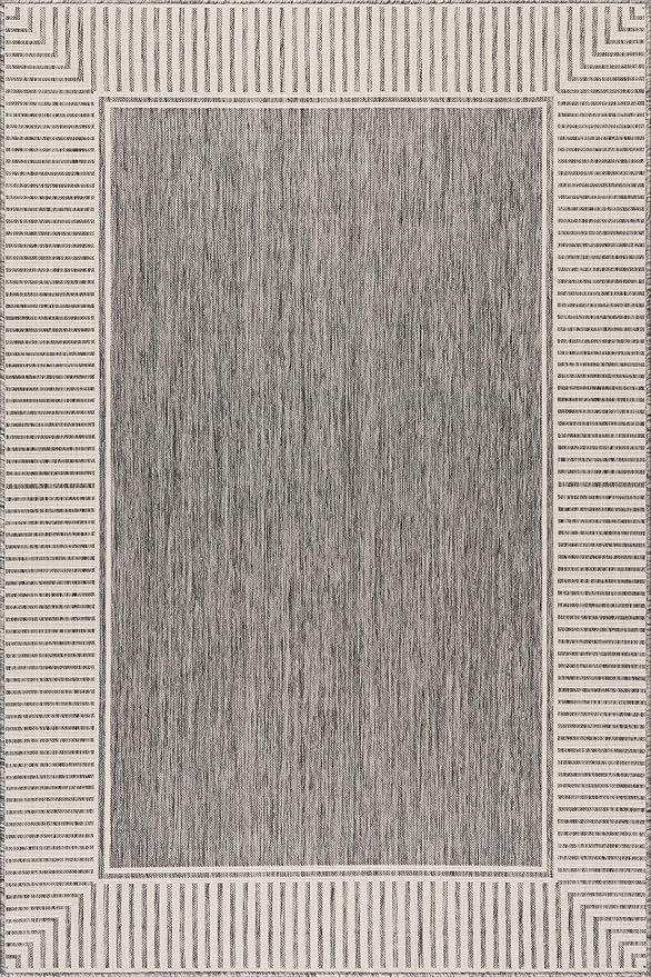 Nuloom Asha Grey/Ivory, 8' x 10', Casual, Striped Border, Soft and Cozy, High Traffic, Stain Resistant, Easy Clean, Durable Area Rug for Indoor/Outdoor Patio, Deck, Porch, Garden, Courtyard