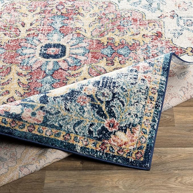 Livabliss Area Rugs - 5ft Round Odelia Vintage Boho Aqua Burgandy Blue Round Area Rug for Living Room Bedroom - Floral Medallion Stain Resistant Carpet for Kitchen, Nursery, Office (5'3" Round)