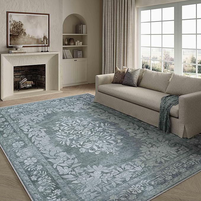 8x10 Area Rug Gray Washable Vintage Distressed Living Room Carpet Large Bedroom Indoor Medallion Floral Non Slip Retro Throw Floor Mat for Office Dining Room Kitchen Bathroom