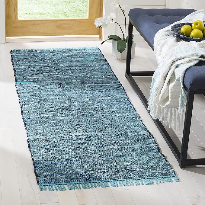 SAFAVIEH Rag Rug Collection Runner Rug - 2'3" x 9', Blue & Multi, Handmade Boho Stripe Cotton, Ideal for High Traffic Areas in Living Room, Bedroom (RAR121B)