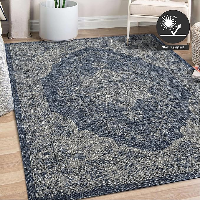 FH Home Outdoor Area Rug - Waterproof Easy to Clean Stain Resistant - Patio Indoor Outdoor Porch Deck Balcony Entryway - Vintage Distressed - Gorgan - Blue - 7ft 8in x 9ft 8in