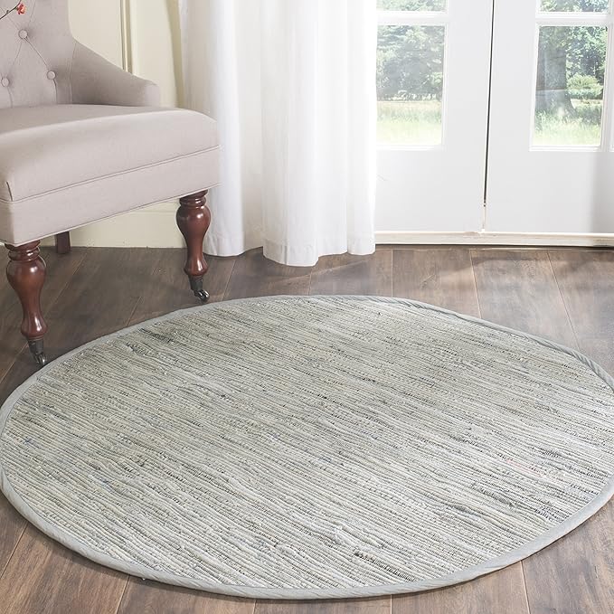 SAFAVIEH Rag Rug Collection Area Rug - 9' Round, Grey, Handmade Boho Stripe Cotton, Ideal for High Traffic Areas in Living Room, Bedroom (RAR121A)