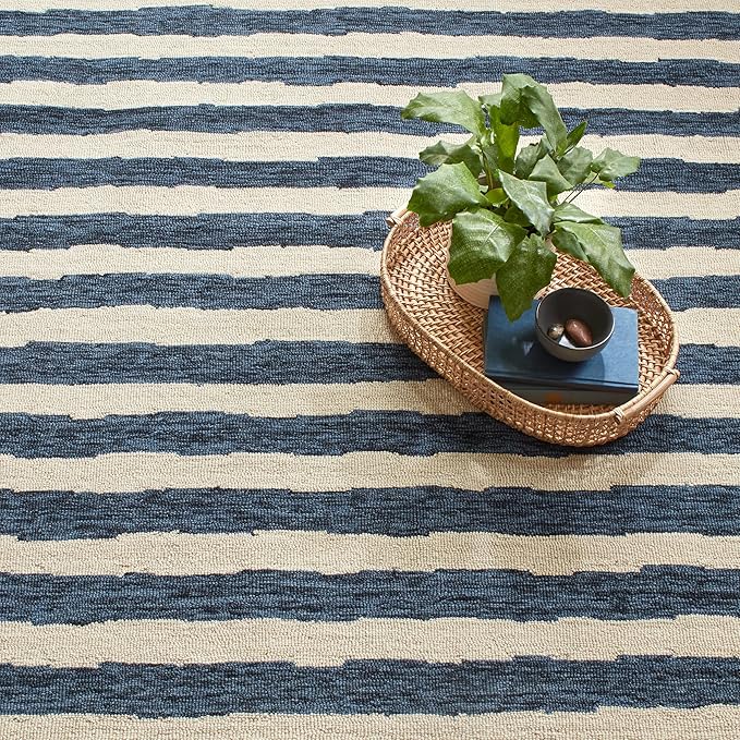 Dash & Albert Silas Stripe Navy Hand Micro Hooked Wool Rug, 2 X 3 Feet, Blue Stripe Pattern - Premium Luxury Hotel Quality Soft Breathable Hypoallergenic Machine Washable Easy Care All Season