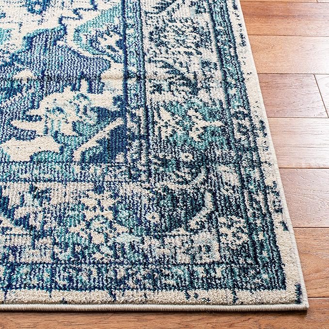 SAFAVIEH Monaco Collection Area Rug - 9' x 12', Ivory & Blue, Boho Chic Medallion Distressed Design, Non-Shedding & Easy Care, Ideal for High Traffic Areas in Living Room, Bedroom (MNC243A)