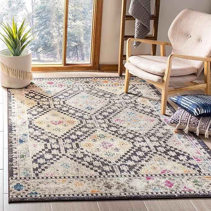 SAFAVIEH Madison Collection Accent Rug - 4' x 6', Black & Yellow, Boho Diamond Distressed Design, Non-Shedding & Easy Care, Ideal for High Traffic Areas in Entryway, Living Room, Bedroom (MAD418Z)