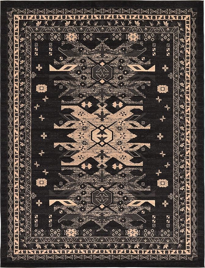 Unique Loom Taftan Collection Border Geometric Tribal Inspired Design Area Rug (7' 0 x 10' 0 Rectangular, Black/ Gray)