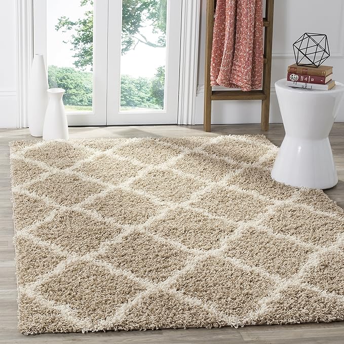 SAFAVIEH Dallas Shag Collection X-Large Area Rug - 11' x 15', Beige & Ivory, Trellis Design, Non-Shedding & Easy Care, 1.5-inch Thick Ideal for High Traffic Areas in Living Room, Bedroom (SGD257D)
