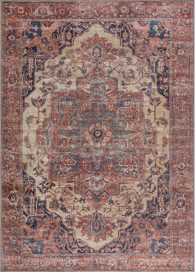Bloom Rugs Washable 9' x 12' Rug - Beige/Terracotta Traditional Area Rug for Living Room, Bedroom, Dining Room, and Kitchen - Exact Size: 9' x 12'