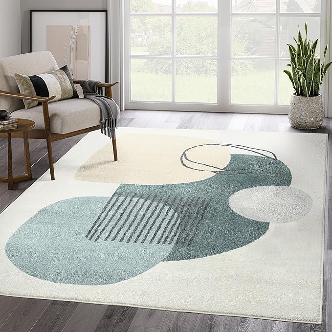 Abani Deco Collection Area Rug -Cream/Green Minimalist Design -5'3" x 7'6"(5'x8') - Easy to Clean - Durable for Kids and Pets - Non-Shedding - Medium Pile- for Living Room, Bedroom & Office