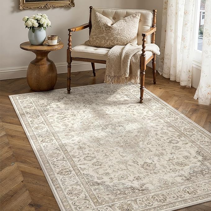 HUGEAR 3x5 Entryway Area Rug Vintage Brown Small Rug Machine Washable Door Mat Neutral Floral Low Pile Carpet Vacuumable Thin Throw Rug Entrance Kitchen Bedroom Bathroom Non Slip Lightweight