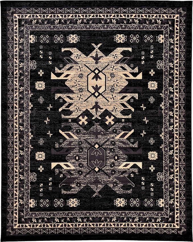 Unique Loom Taftan Collection Border Geometric Tribal Inspired Design Area Rug (8' 0 x 10' 0 Rectangular, Black/ Gray)