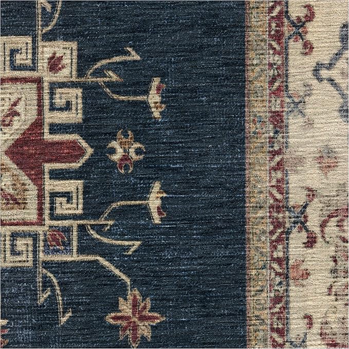 RUGGABLE Washable Vintage Runner Rug – Verena Sapphire 2.5x7, Stain-Resistant, Non-Slip Hallway Runner – Machine Washable Rug for Hallway, Entryway, Living Room & Kitchen–with Cushioned Pad