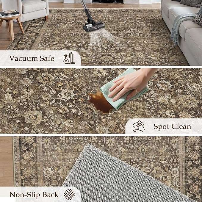 HUGEAR 5x7 Machine Washable Rugs Brown Hallway Area Rug Indoor Accent Rug Floral Mid Pile Carpet Soft Thicker Throw Aesthetic Rug Bedroom Living Room Office Dining Kitchen Laundry Non Slip