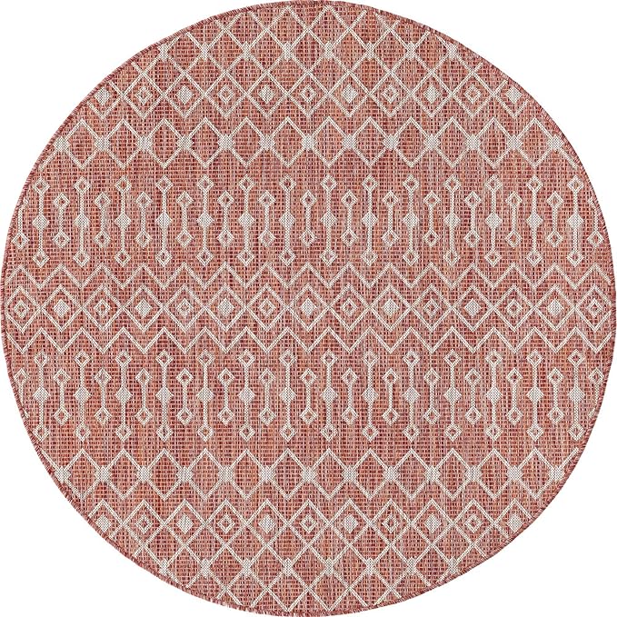 Unique Loom Outdoor Trellis Collection Area Rug - Tribal Trellis (5' 3" Round, Rust Red/ Ivory)