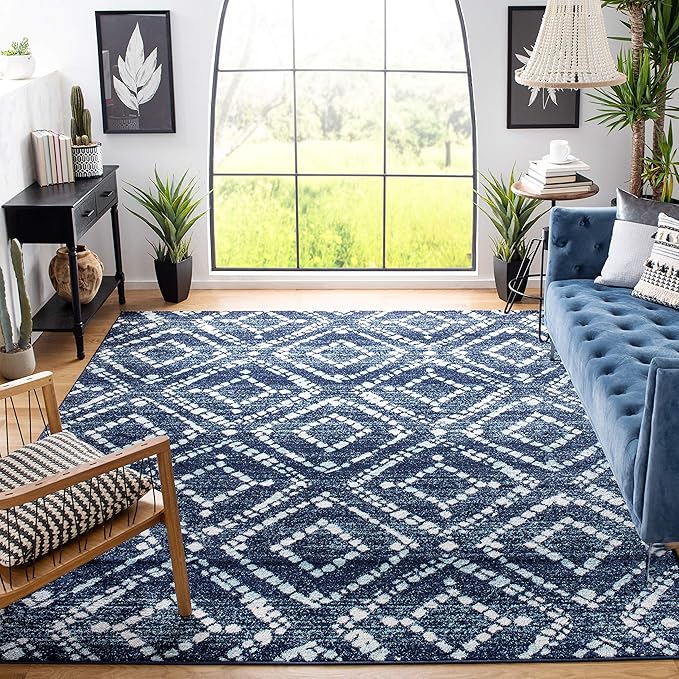 SAFAVIEH Adirondack Collection Area Rug - 10' Square, Navy & Ivory, Modern Diamond Distressed Design, Non-Shedding & Easy Care, Ideal for High Traffic Areas in Living Room, Bedroom (ADR131N)