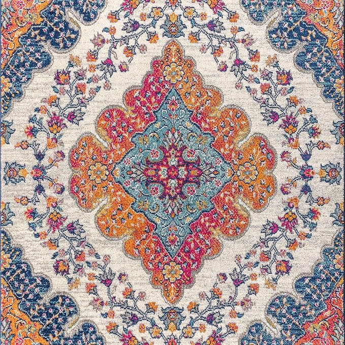 JONATHAN Y Boho Vintage Blue/Multi Indoor Area Rug, 6x9, Bohemian Flair Medallion, Floral Easy-Cleaning High Traffic for Living Room, Bedroom, Kitchen, Pet-Friendly, Non-Shedding (BMF106A-6)