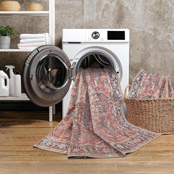 GLN Rugs Traditional Collection - Machine Washable Area Rug, Traditional Washable, Non Slip, Low Pile Chenille Rug, Living Room, Bedroom, Kitchen Rug (4' x 6' Terra/Multicolor 1168)
