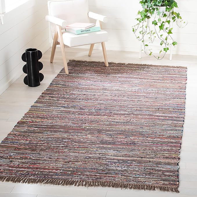 SAFAVIEH Rag Rug, Collection Area Rug - 5' Square, Rust & Multi, Handmade Boho Stripe Cotton, Ideal for High Traffic Areas in Living Room, Bedroom (RAR121E)