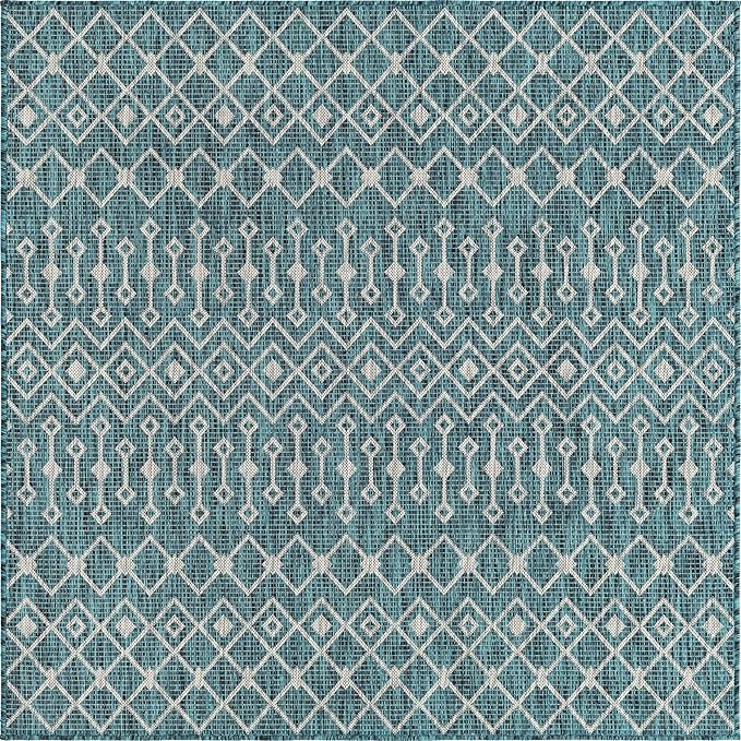 Unique Loom Outdoor Trellis Collection Area Rug - Tribal Trellis (7' 10" Square, Teal/ Ivory)