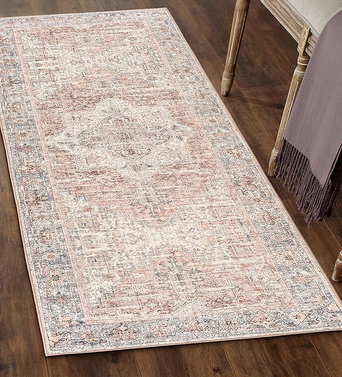 ReaLife Rugs Machine Washable Area Rug - Living Room Bedroom Bathroom Kitchen Entryway Office - Padded Low Pile Stain Resistant Premium - Boho Farmhouse Vintage - Lyle - Gray Ivory Blush 2'6" x 8'