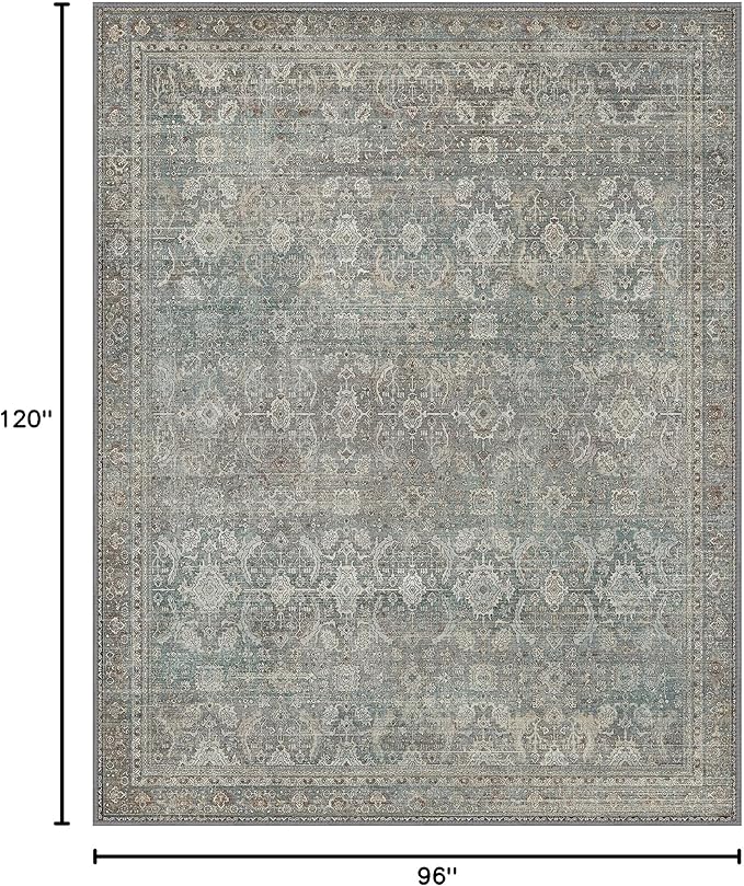 8x10 Area Rug Machine Washable Boho Rug for Living Room,Ultra-Thin Low Pile Carpet,Lightweight Indoor Printed Rug,Non Slip Floral Area Rug for Bedroom, Dining Room, Home Office,Grayish Blue