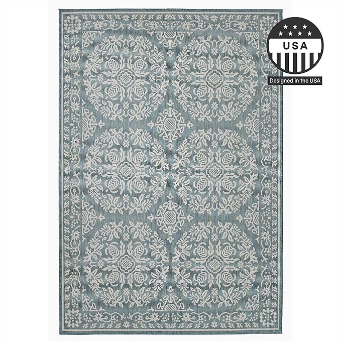FH Home Flat Woven Outdoor Rug - Waterproof, Easy to Clean, Stain Resistant - Premium Polypropylene Yarn Farmhouse - Patio,Deck,Porch,Balcony,Laundry - Marbella - Ocean - 3ft 11 in x 5ft 6in